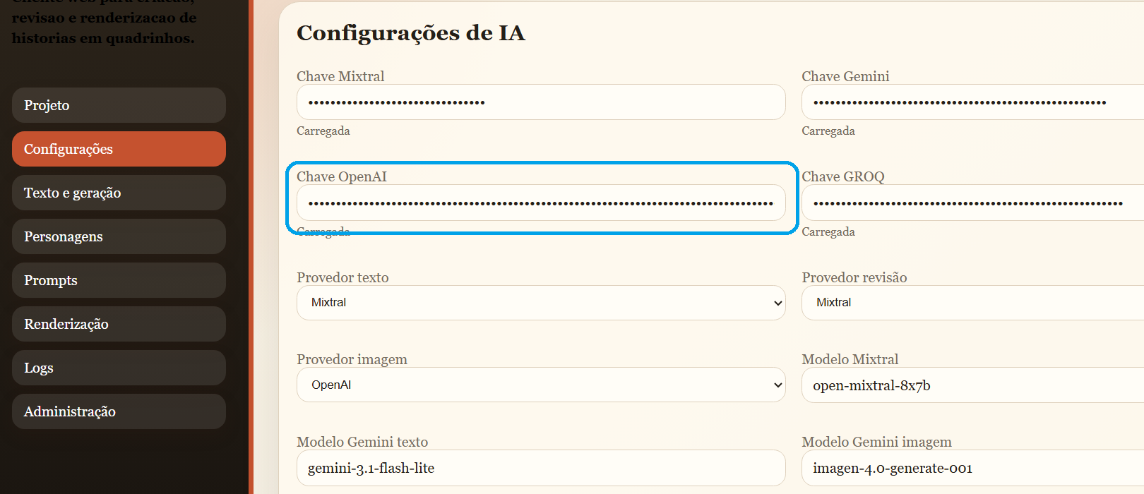 Tela de configuração da chave OpenAI no Revisteitor